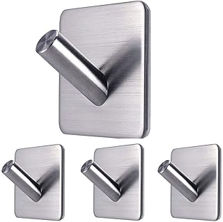 Adhesive Towel Hooks Hanger Anti-Skid Waterproof Stainless Steel Stick on Shower No Drill Sticky Hooks for Hanging-Bathroom and Kitchen 4 Packs