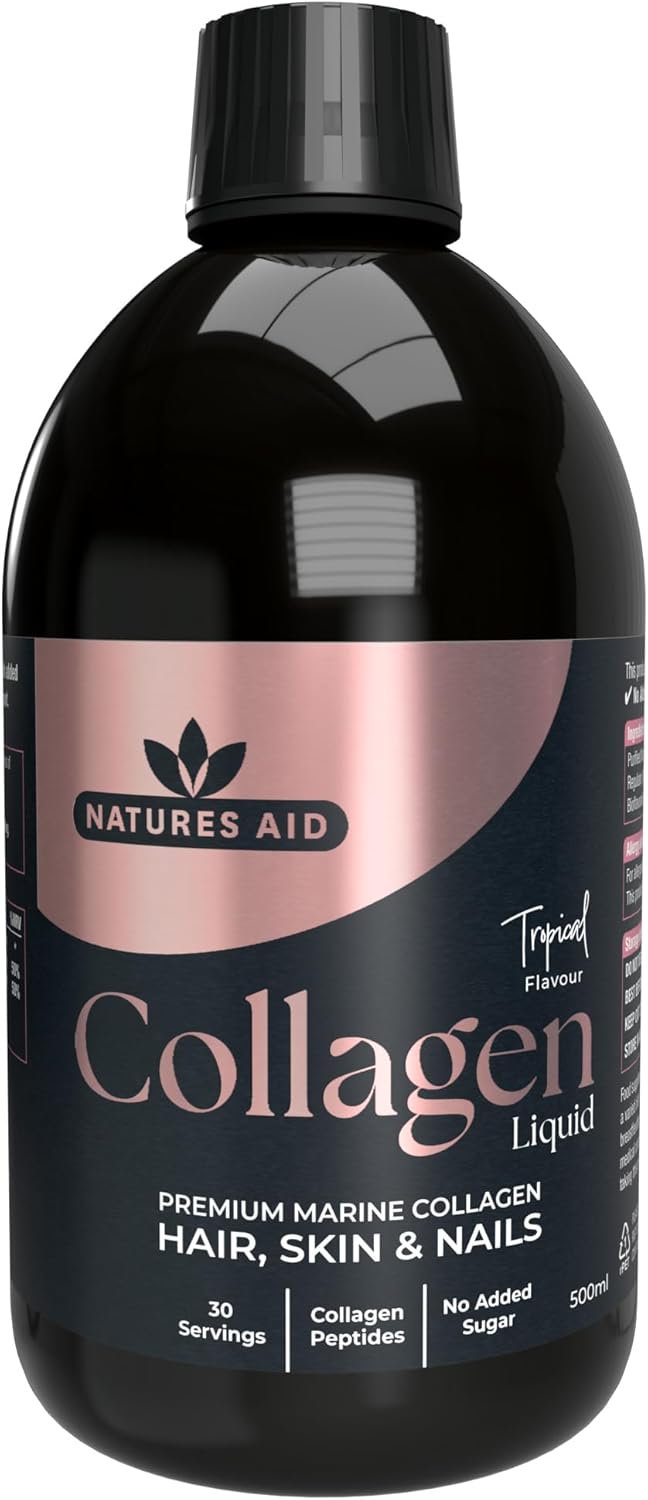 Natures Aid Marine Collagen Liquid 5000mg, Premium High Strength Hydrolysed Type 1 Collagen Peptides with Added Biotin Zinc for Hair Skin Nail and Joint Support, Tropical 500 ml
