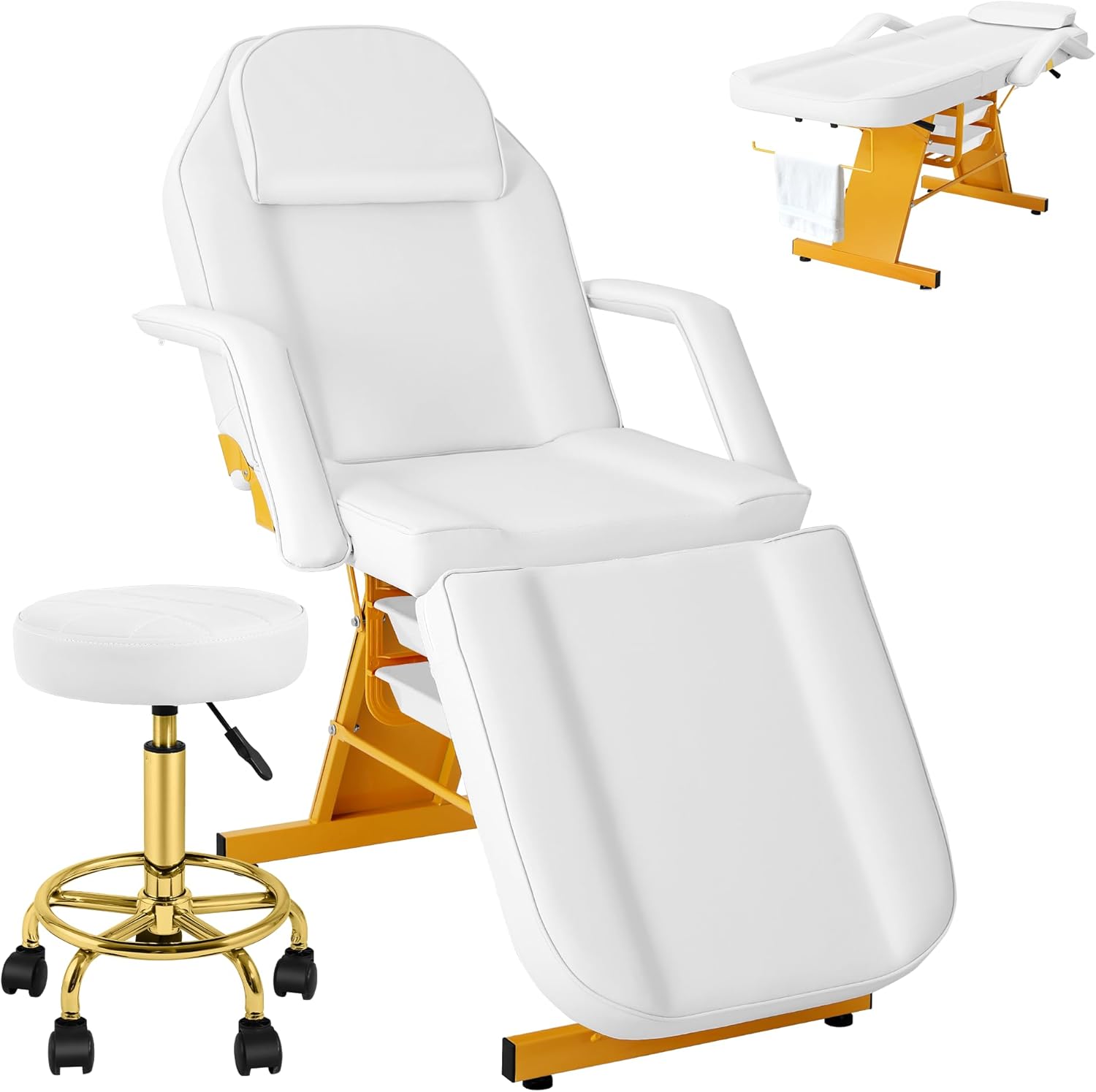 Tattoo Facial Chair for Clients, Multi-Purpose Esthetician Lash Wax Bed with Adjustable Backrest, Professional Beauty Salon Spa Chair for Tattoo Shop Furniture, White Glod