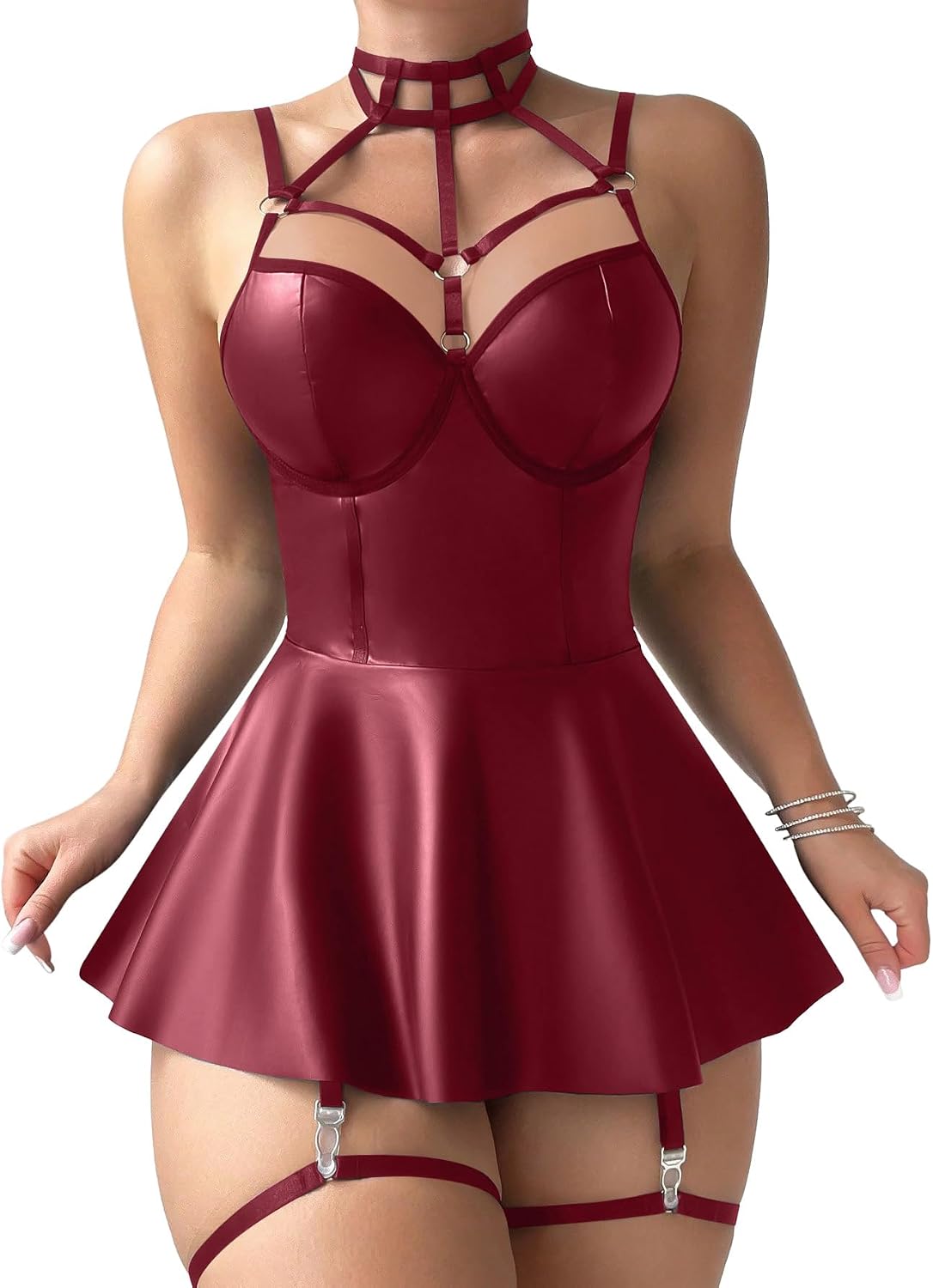 Foxiny Sexy Strappy Leather Underwire Choker Garter Belt Mini Lingerie Set Dress with Thong 3 Piece