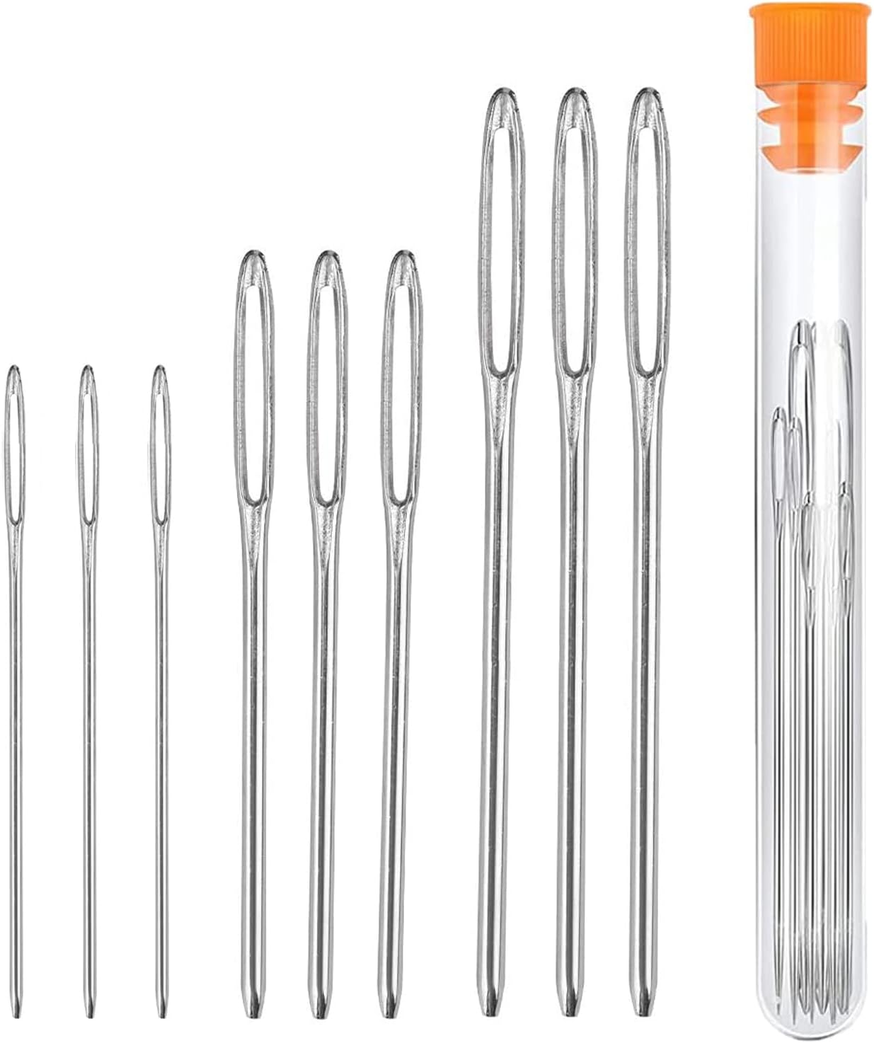 Jaimela 9 Pieces Hand Sewing Needles, 3 Sizes Universal Large Eye Steel Sewing Needles with Transparent Bottle for Knitting Sewing, Craft Creations (5.2cm, 6cm, 7cm)