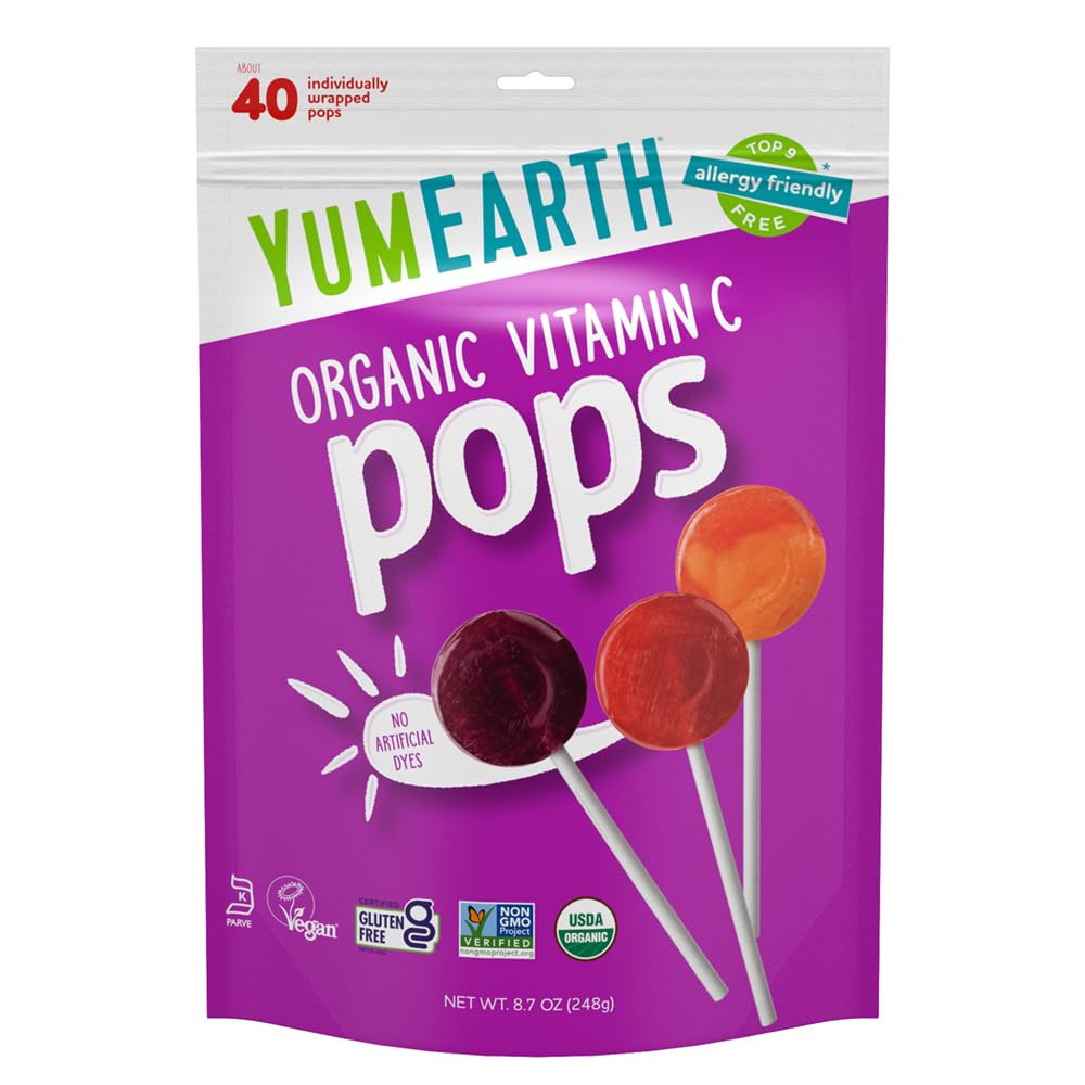 YumEarth Organic Vitamin C Pops Variety Pack, 40 Fruit Flavored Favorites Lollipops, Allergy Friendly, Gluten Free, Non-GMO, Vegan, No Artificial Dyes