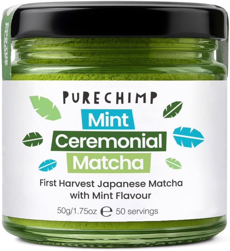 PureChimp Ceremonial Grade Matcha Powder Mint Flavour 50g. 100% Pure Green Tea with Peppermint Powder. Shade-Grown for Matcha Latte, Teas & Recipes. Recyclable Glass Jar. Antioxidant-Rich.