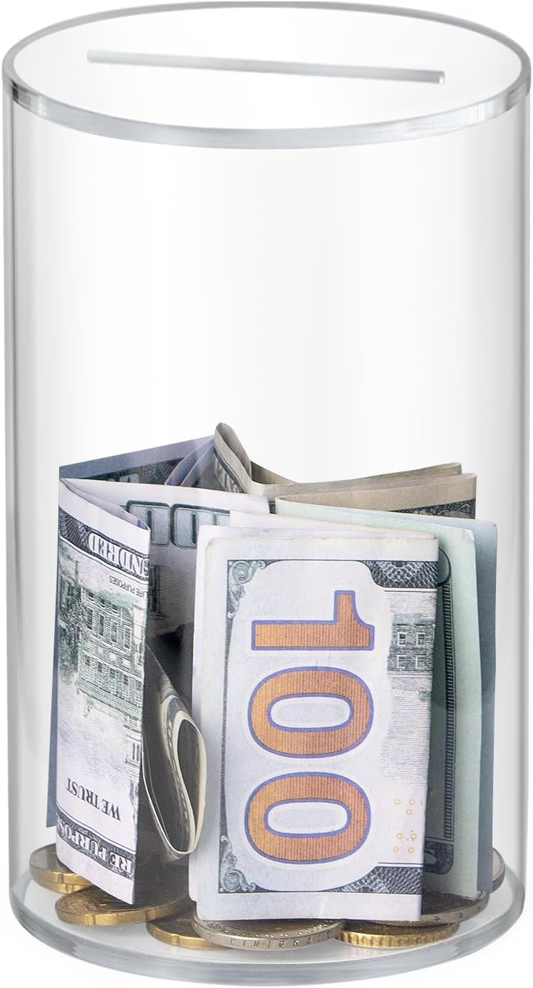 Hicocool Clear Piggy Bank, Acrylic Piggy Bank for Adults Must Break to Open, Unopenable Money Saving Box for Boys Girls Birthday Gift (6" H x 3.54" D)