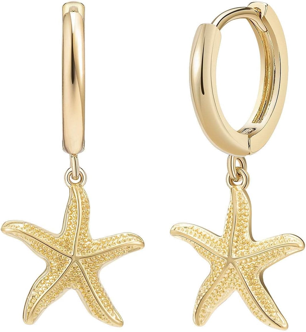 SANNYRA Huggie Earrings for Women - 14K Gold Plated Beach Sea Drop Dangle Earrings - Starfish Butterfly Moon Star Seashell Beachy Jewelry, Brass, No Gemstone