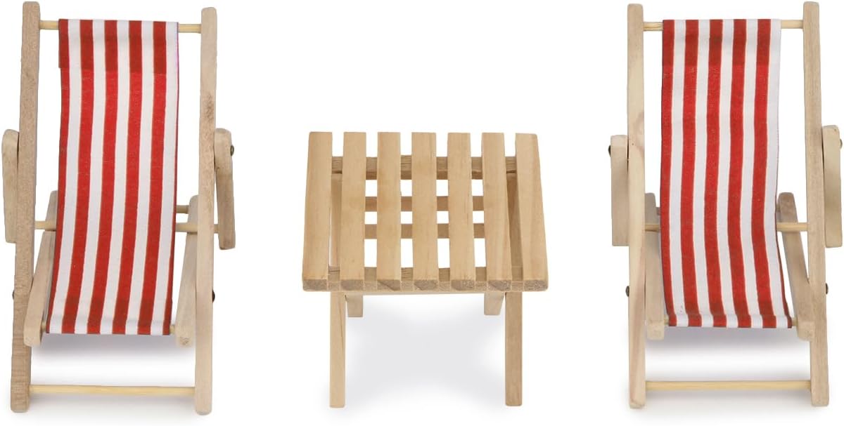 Miniature Beach Chair & Table 3PCS 1:12 Dollhouse Furniture Model Foldable Chairs Folding Beach Sunbath Chair Props Cake DIY Garden Plant Pool Decor Longue Deck Chair Craft (Red)