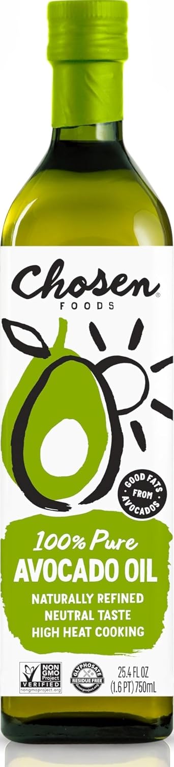 Chosen Foods Avocado Oil, 25.4 Fl Oz - All Purpose Cooking Oil made from 100% Pure Avocados - Non-GMO, Gluten-Free, Keto Friendly, Glyphosate Free - 750mL (Pack Of 1)