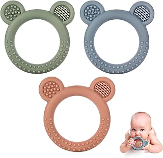 Baby Teething Toys for Babies 0-6 Months Set of 3, Baby Toys 6 to 12 Months, BPA Free Soft and Textured Bear Ring Silicone Teether Relief Soothing Sore Gums Chew Infant Toys
