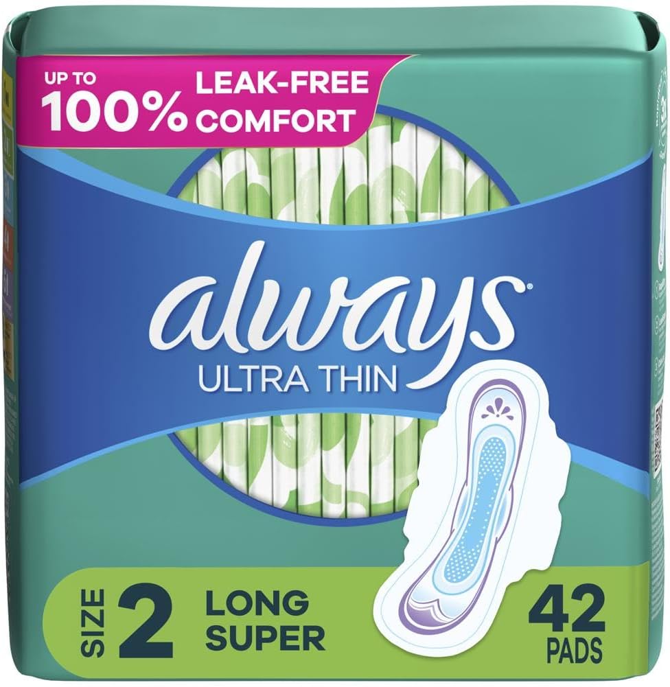 Always Ultra Thin, Feminine Pads for Women, Size 2 Long Super Absorbency, with Wings, Unscented, (Pack of 42)