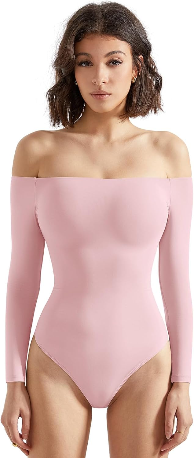 SUUKSESS Women Off the Shoulder Long Sleeve Bodysuit Double Lined Thong Bodysuit