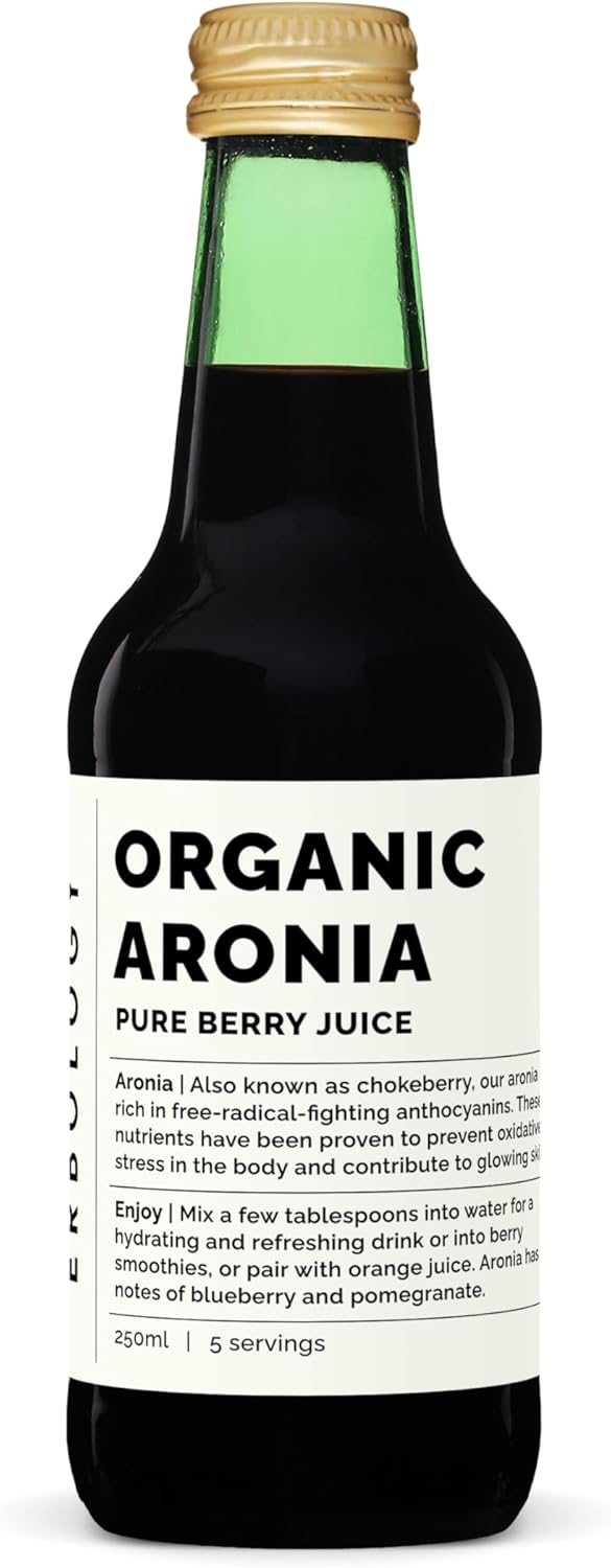Erbology Organic Aronia Berry Juice 250ml - Supports Skin Health - Rich in Antioxidants - Straight from Farm - Undiluted - No Added Sugar or Preservatives - Non-GMO - Recyclable Glass Bottle