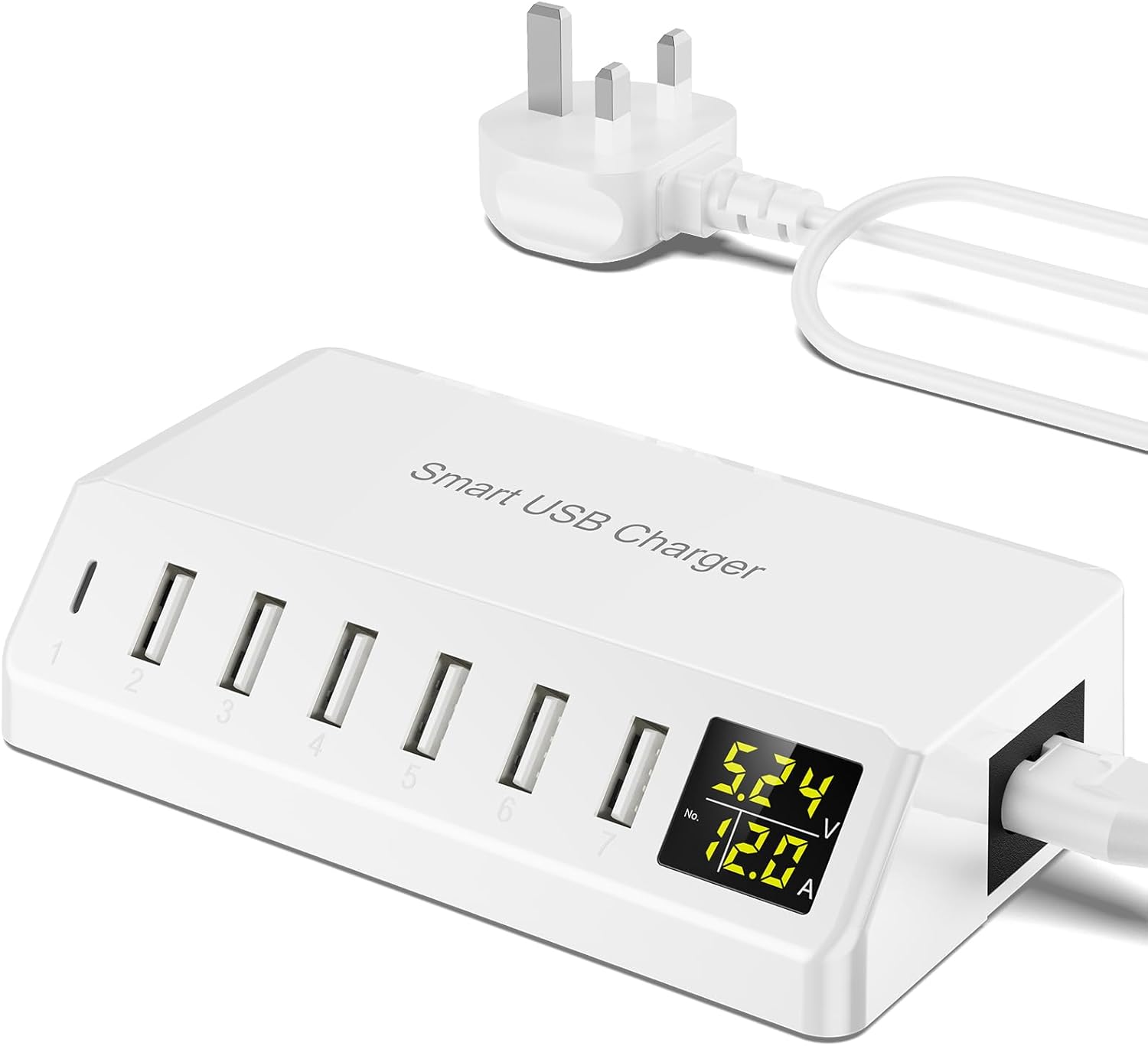 USB Charger 60W 7-Port USB Desktop Charger with LED Screen, Multi-Device Charging Station with Real-Time Power Monitoring for Phone,Fast Charging Hub for Home, Office, Travel