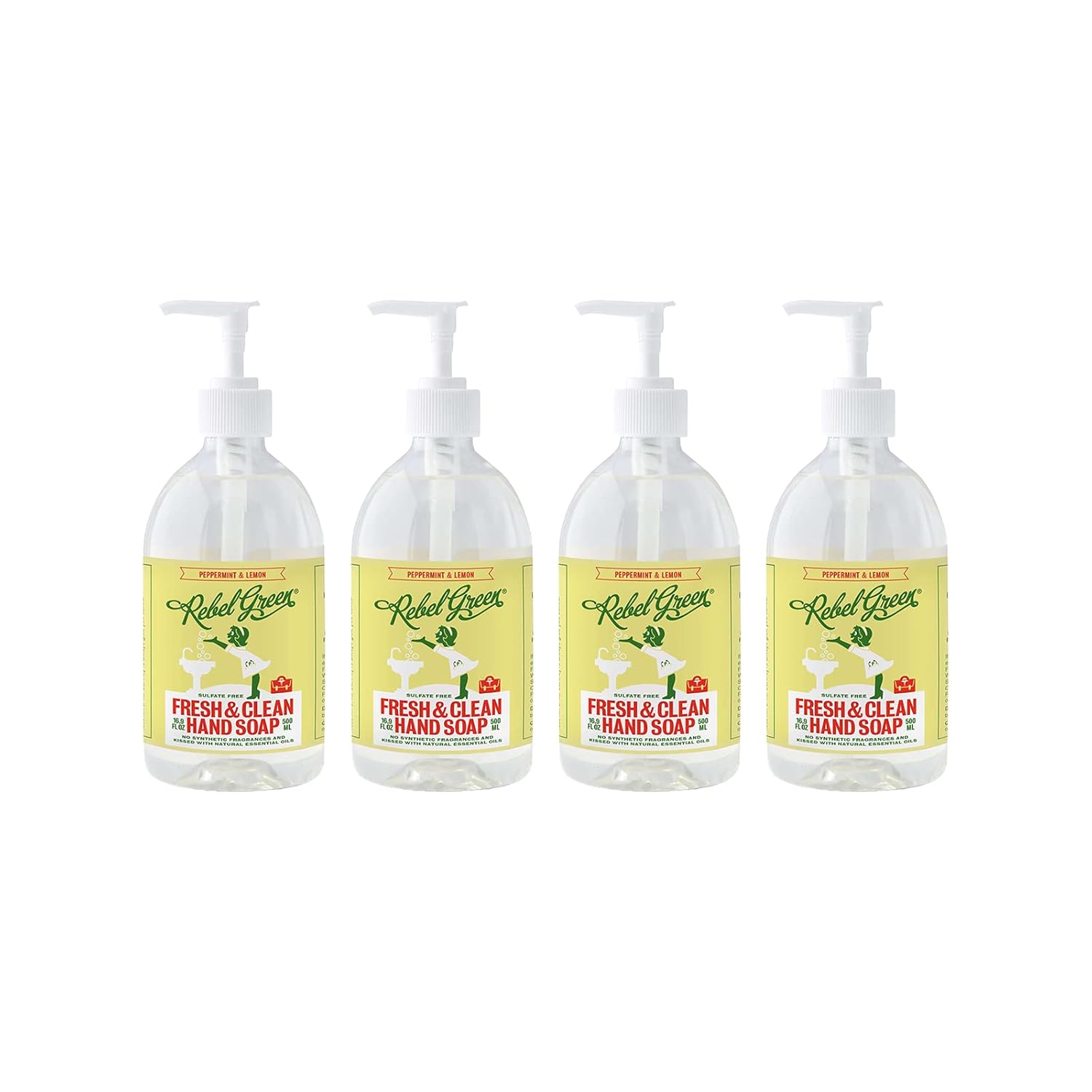 Rebel Green Liquid Hand Soap - Moisturizing Natural Bathroom & Kitchen Liquid Soap - Gentle Household Hand Wash (Peppermint and Lemon, 16.90 Fl Oz (Pack of 4))