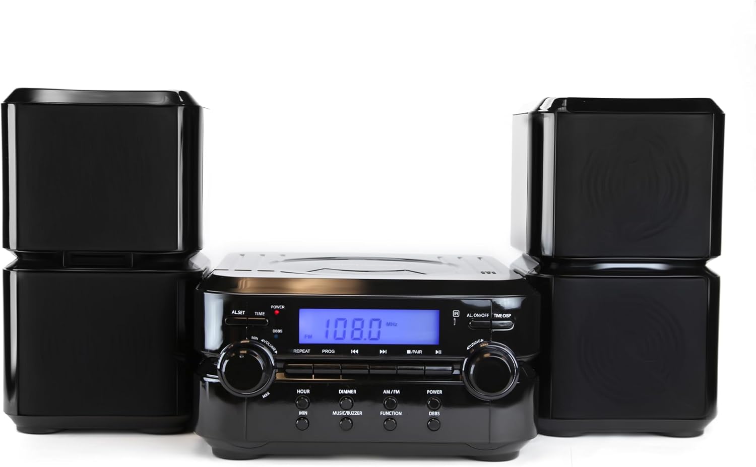 Emerson ES-4001 Bluetooth Micro Music System with MP3, CD Player, FM Radio, USB Playback, Alarm Clock, AUX Input, LED Display, Compact Design, and Remote Control