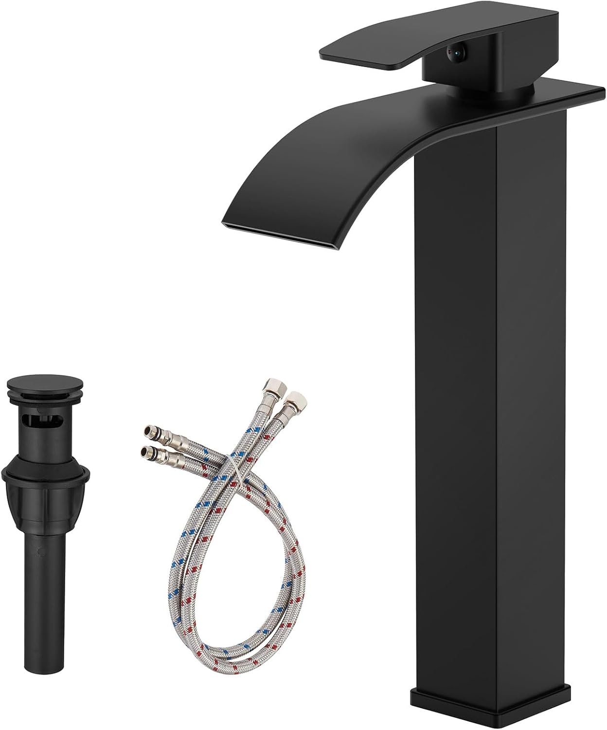 Bathroom Vessel Sink Faucet Waterfall Matte Black Tall 1 Hole Single Handle Vanity Lavatory Modern Commercial Mixer Tap with Pop Up Drain Combo Bowl Sink