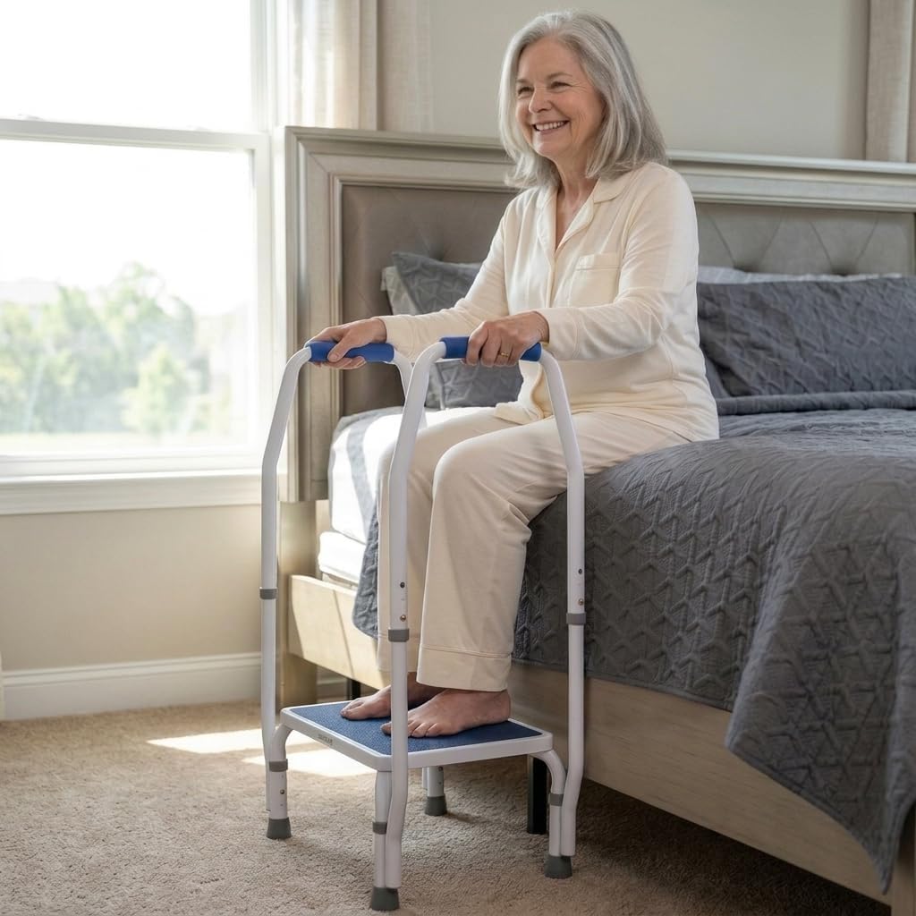step2bed Mini Step Stool with Handle for Elderly - Adjustable Height for Seniors with Handicap Grab Bars - Use for Bed, Bathtub. Stainless Steel Portable Step Stool for Bed (300 LBS Capacity)