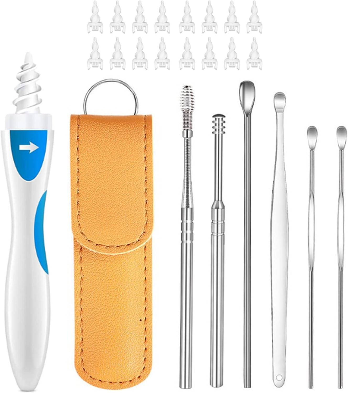 Ear Cleaning Kit with Suction Tool, 16 Replacement Heads, 6 Metal Ear Picks, Leather Case