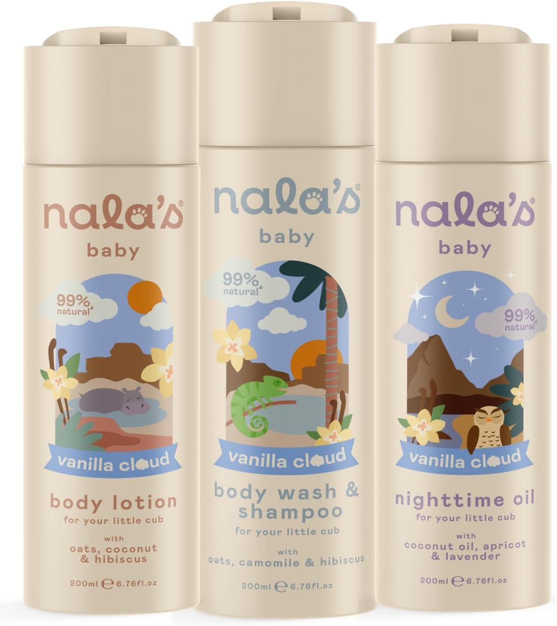 Nala's Baby Vanilla Cloud Bundle | Full Range of Body Wash & Shampoo, Body Lotion, Nighttime Oil | Allergen-Free Sweet Fragrance | Dermatologically-Tested