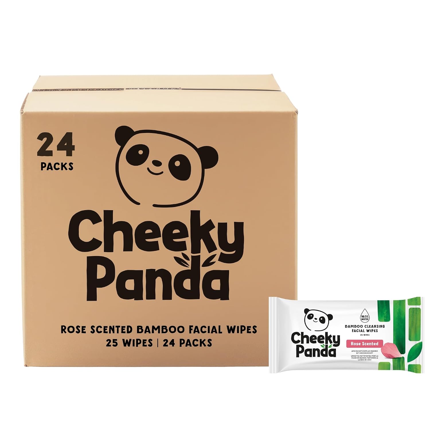 The Cheeky Panda Face Cleansing Wet Wipes Bulk Pack | 24 Packs of 25 Flushable Makeup Remover Wipes Rose Scented | Biodegradable Facial Wipes