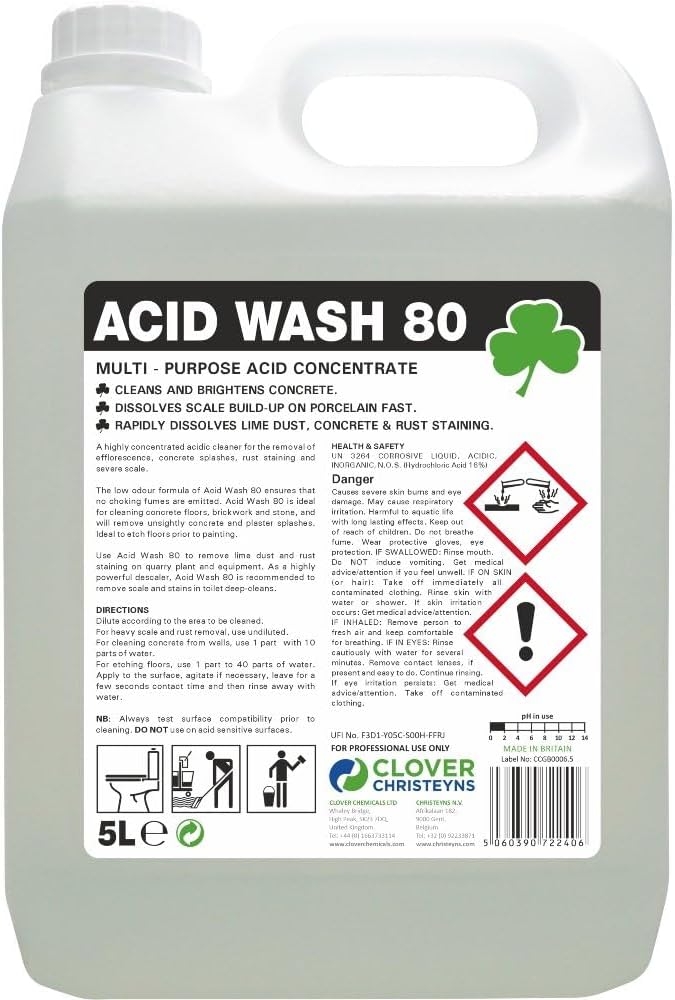 Acid Wash 80, Multi-Purpose Concentrated Acid Cleaner, 5L, Professional Strength Christeyns Clover (5 Ltr)
