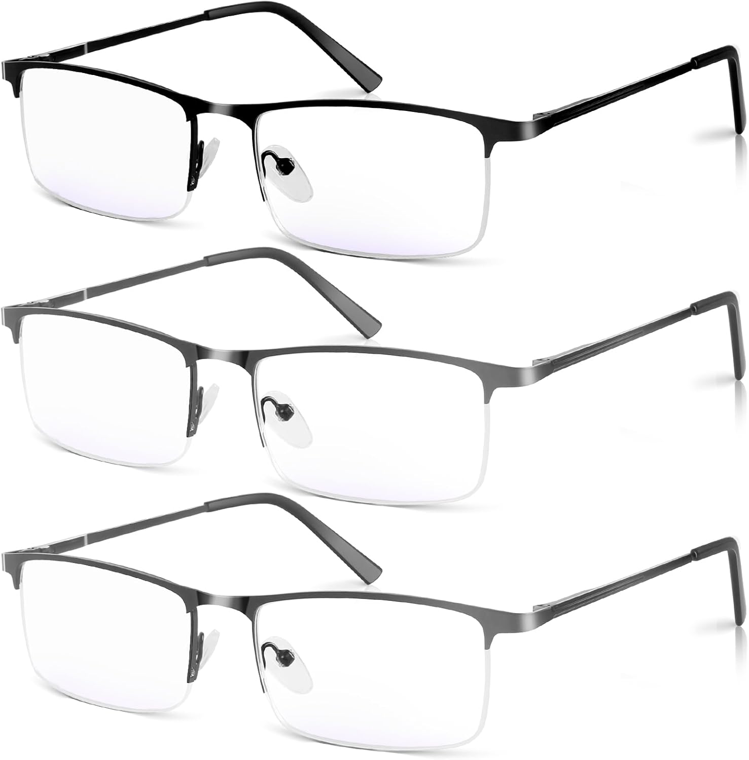3 Pack Blue Light Blocking Reading Glasses for Men, Stylish Half Frame Metal Computer Readers, Lightweight Spring Hinge Eyeglasses Anti Eyestrain/Glare/UV (2PCS Gray+1PCS Black,+1.0)