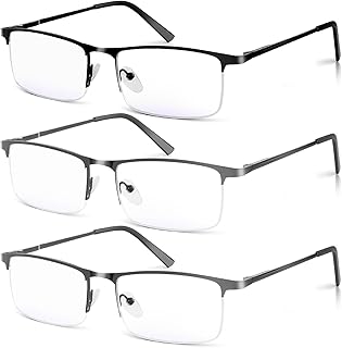 3 Pack Blue Light Blocking Reading Glasses for Men, Stylish Half Frame Metal Computer Readers, Lightweight Spring Hinge Eyeglasses Anti Eyestrain/Glare/UV (2PCS Gray+1PCS Black,+1.0)