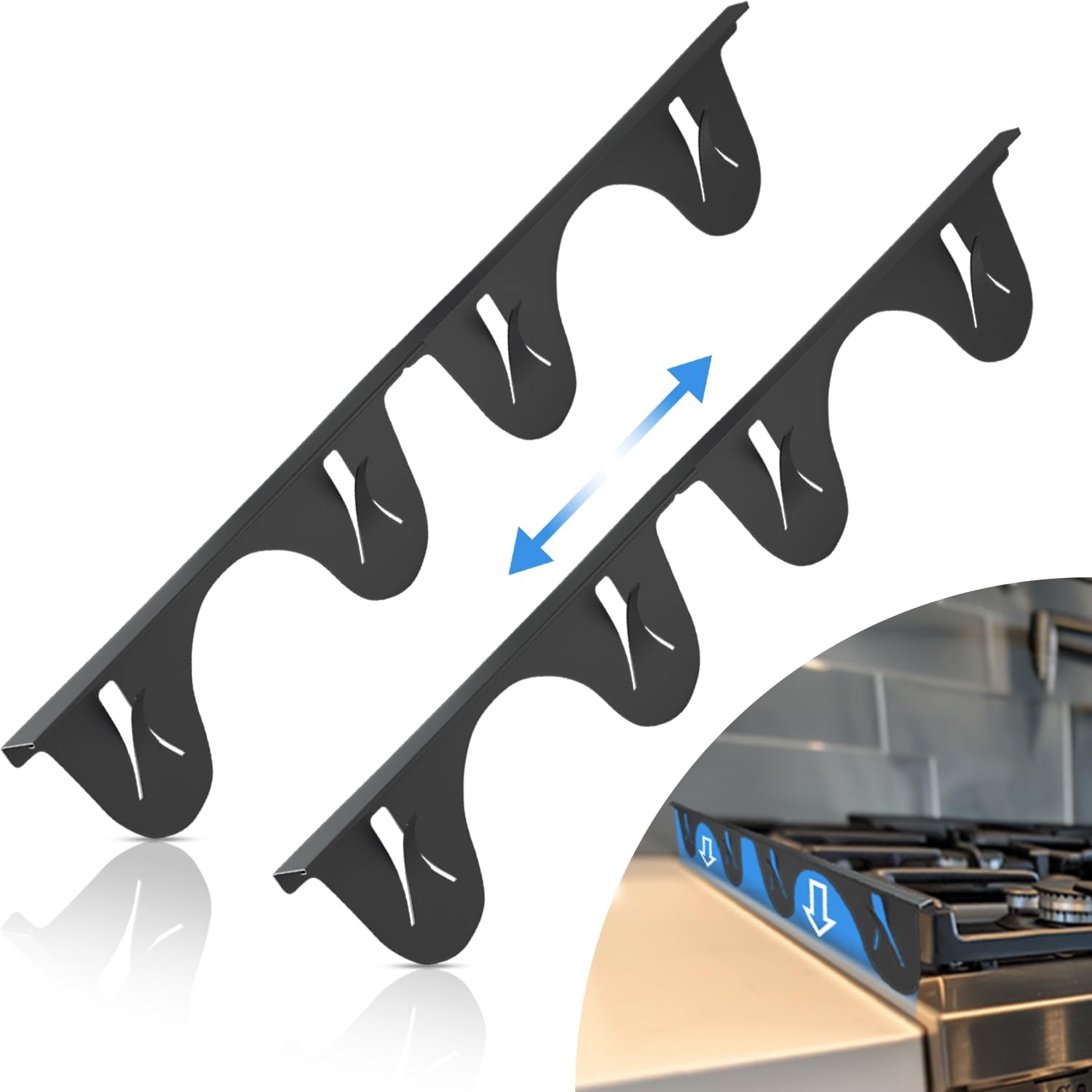 Stainless Steel Stove Counter Gap Cover (2 Pack, Black), Stove Gap Guard, Stove Gap Filler for Kitchen, Range Trim Kit, Heat Resistant with Easy Clean, Adjustable Length 13.8” to 27.5”