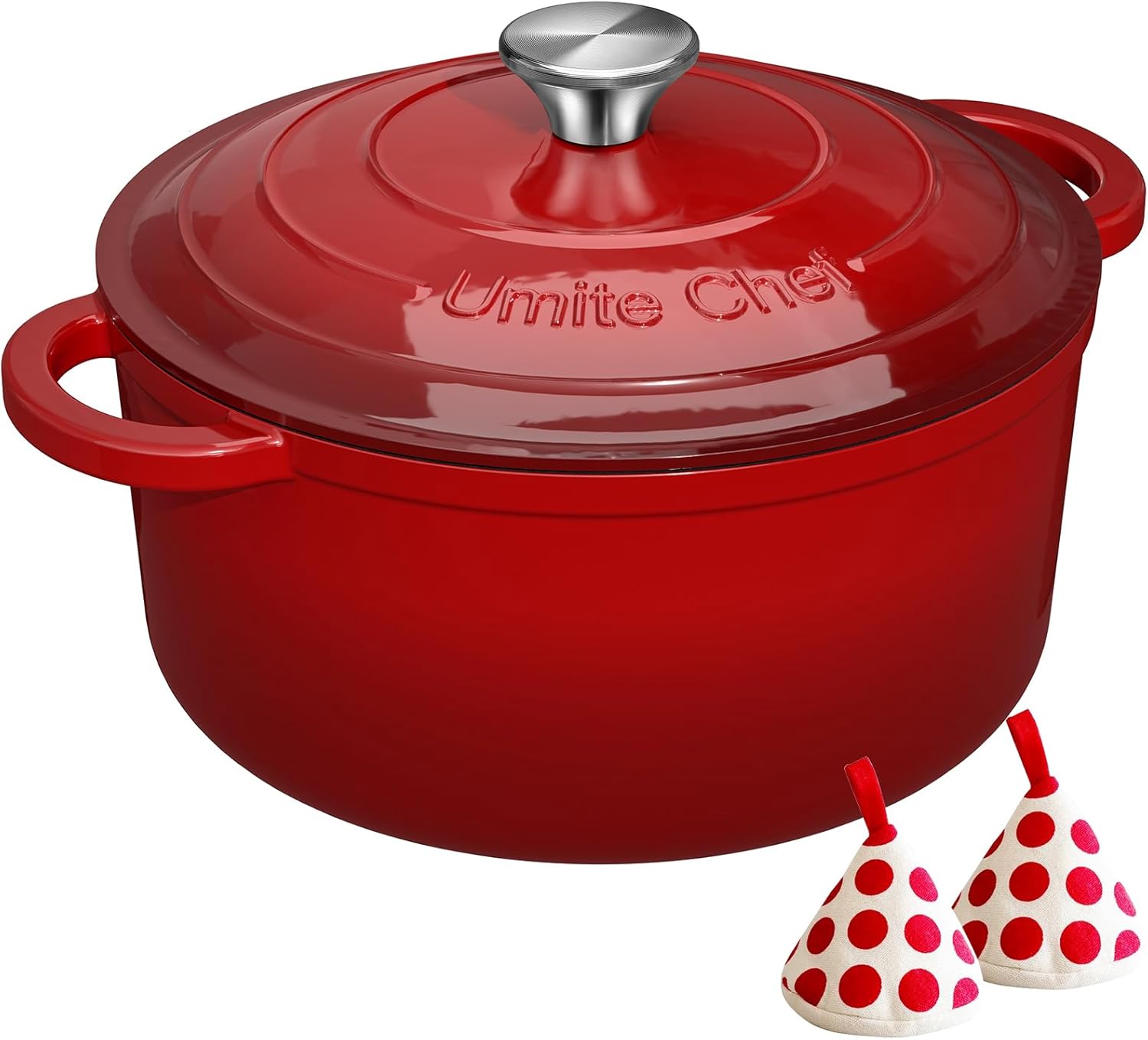 Enameled Cast Iron Dutch Oven - Umite Chef 5QT Pot with Lid & Cotton Potholders - Heavy-Duty Cookware for Bread Baking, Braising, Stews, Roasting(Read)