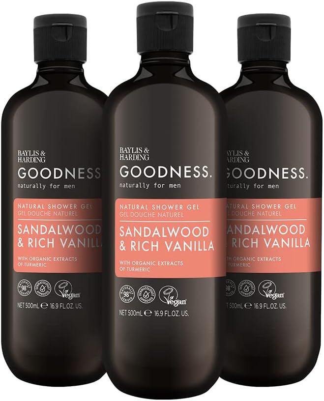 Baylis & Harding Goodness Men's Sandalwood & Vanilla Natural Shower Gel, 500 ml (Pack Of 3) - Vegan Friendly