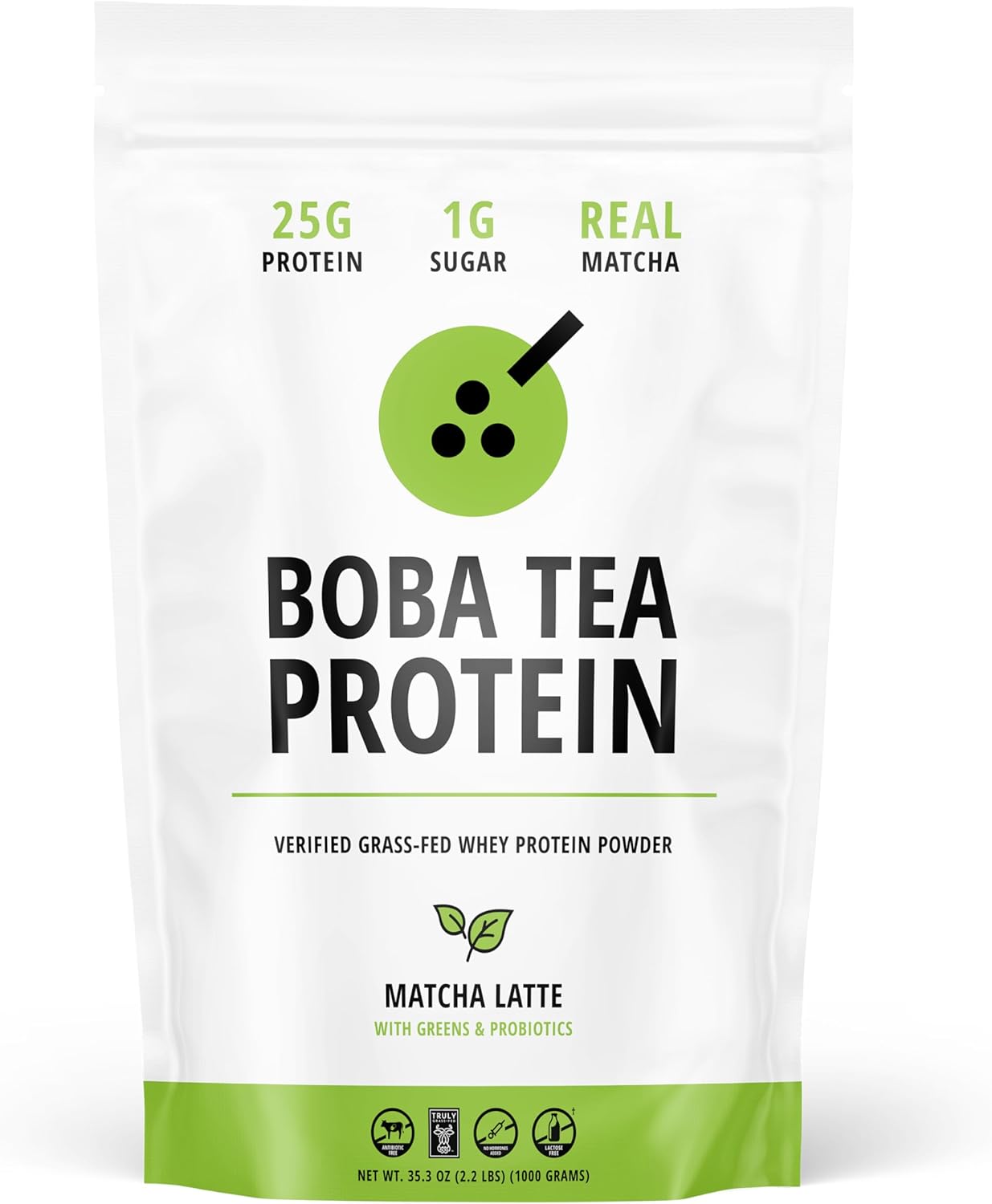 Boba Tea Protein Matcha Latte | 25g Grass-Fed Whey Protein Isolate Powder | Gluten-Free & Soy-Free Bubble Tea Protein Drink | Real Ingredients & Lactose-Free Protein Drink | 25 Servings