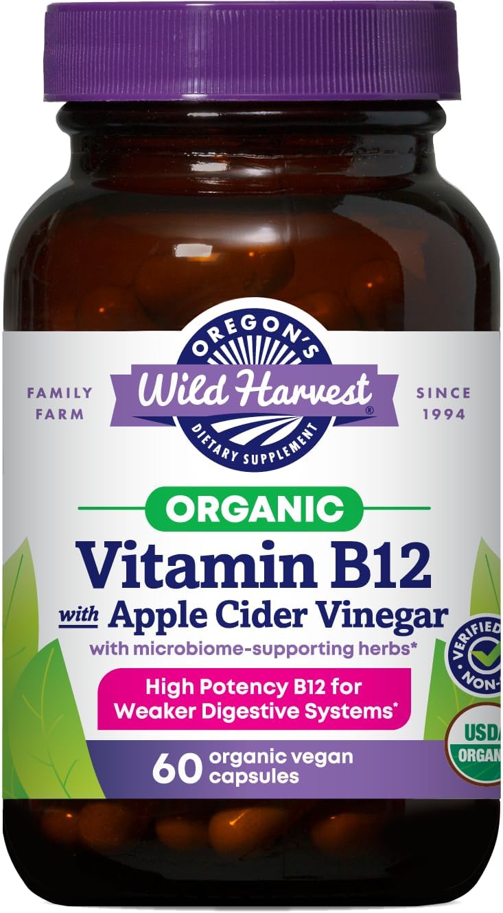 Oregon's Wild Harvest Vitamin B12 with Apple Cider Vinegar | 60 Organic Vegan Capsules | Whole Food B12 & ACV | Non-GMO, Gluten-Free, Dairy-Free, Soy-Free