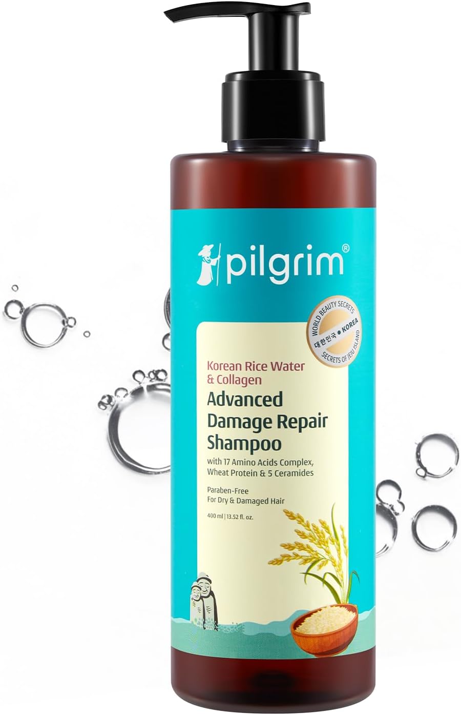 Pilgrim Korean Rice Water & Collagen Advanced Damage Repair Shampoo - 400ml | with 17 Amino Acids, Wheat Protein & 5 Ceramides | Paraben-Free | For Dry & Damaged Hair | For Women and Men