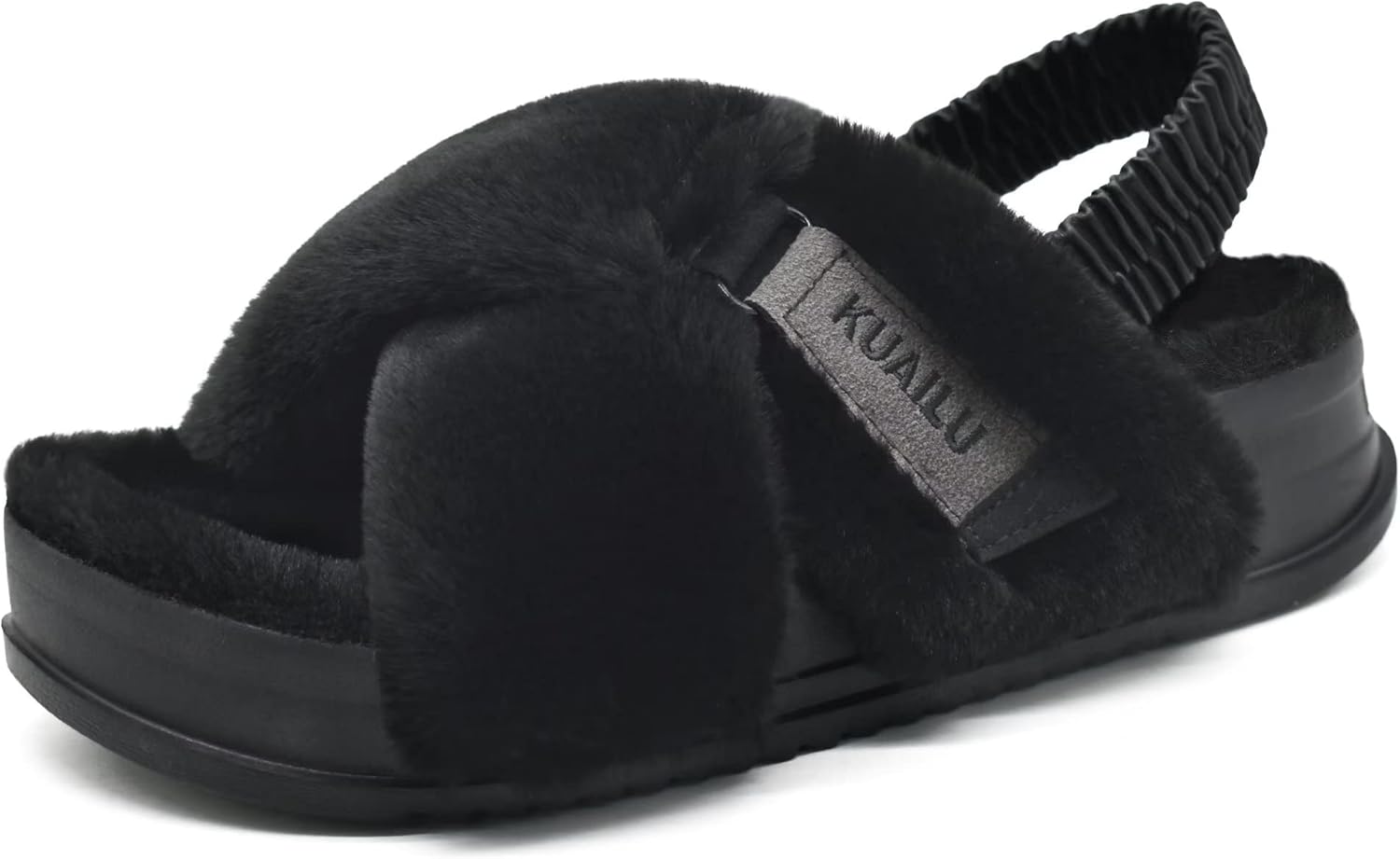 KuaiLu Womens Fuzzy Criss Cross Band Platform Slippers Back Strap Fluffy Furry Faux Fur Ladies Open Toe Slingback Slider Slippers