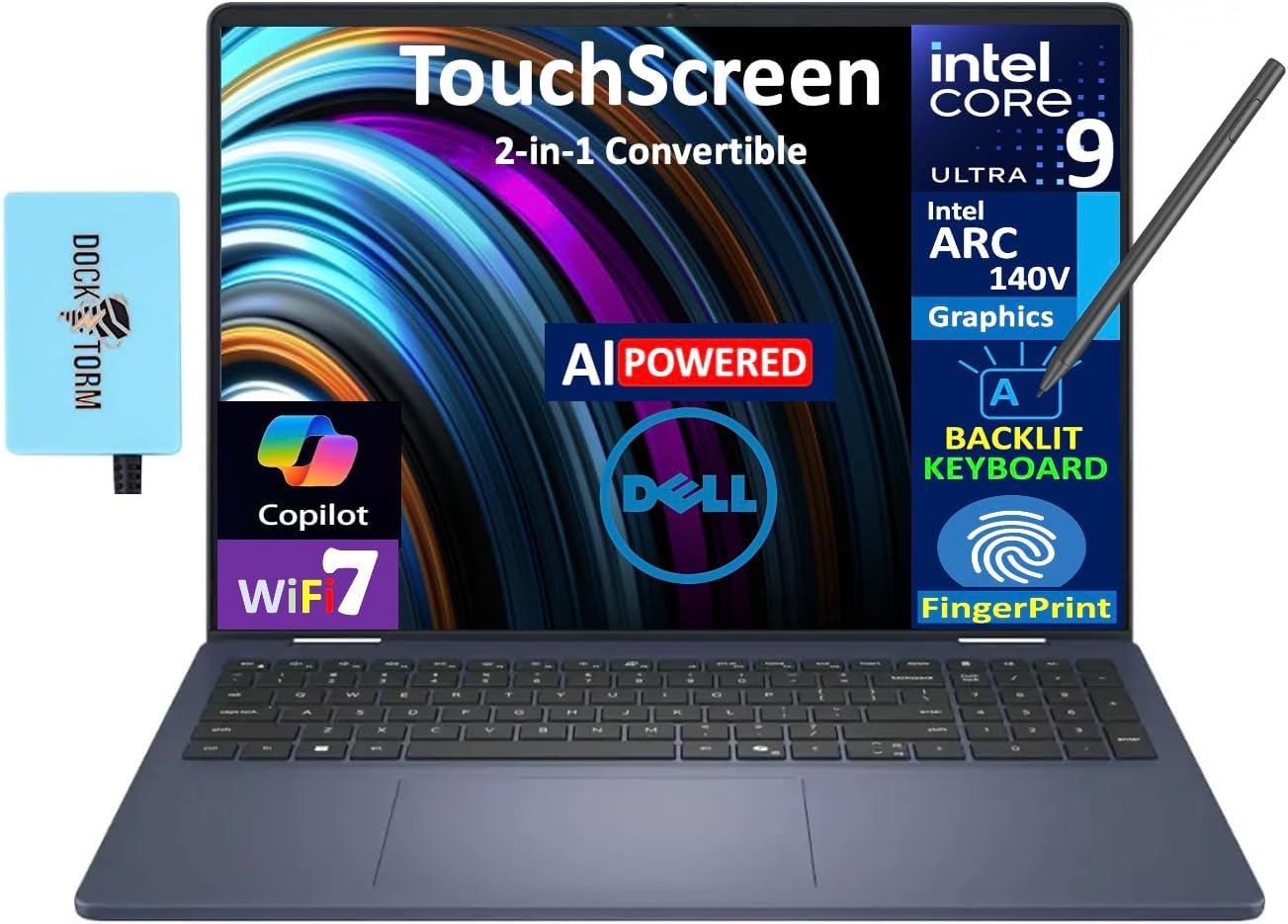 Dell 16 AI Powered 2-in-1 Laptop 16.0" Touchscreen Mini LED WQXGA Display (Intel Ultra 9-288V, 32GB LPDDR5X, 1TB M.2 PCIe SSD, Active Pen, Backlit KB, Fingerprint, Win 11 Pro) w/DKZ USB Port Expander