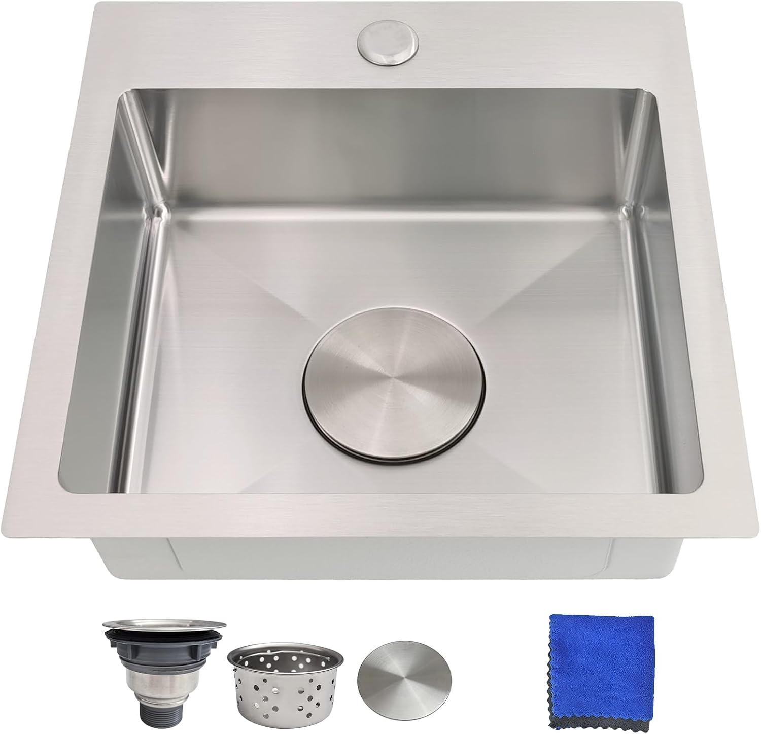 15 Inch Bar Sink Drop In - Delironexu 18 Gauge Stainless Steel Small Kitchen Sink, 15""x15"" Single Bowl Square Wet Bar with Brushed Finish for Outdoor, RV, and Prep Use