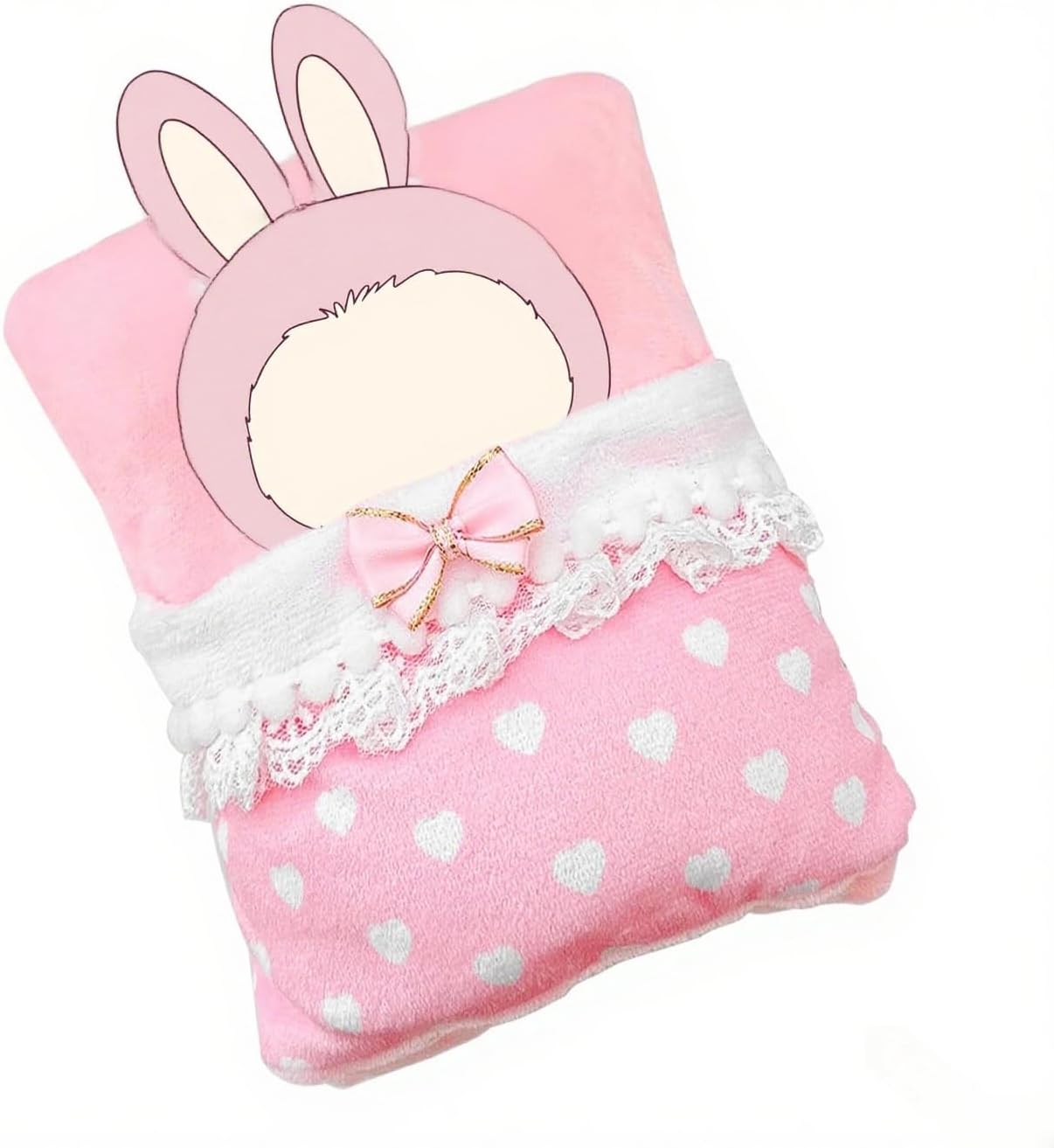 One-Piece Doll Bed for 17cm (6.7in) Doll - Adorable Pink Theme with White Heart Patterns and Lace Trim, Perfect for Dollhouse Furniture Accessories, Pink