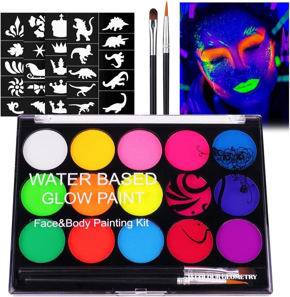URAQT Face Paint Kit, 15 Color UV Glow Neon Face Painting Palette