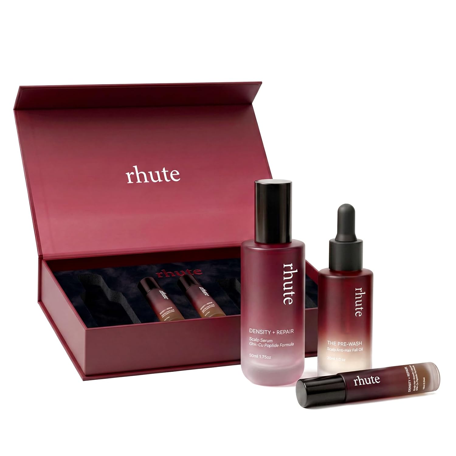 Rhute Hair Serum Set, 3-Step Scalp Care Bundle with Pre-Wash Hair Oil, Roller-Ball Scalp Serum and Density & Repair Serum for Fuller-Looking, Shinier Hair