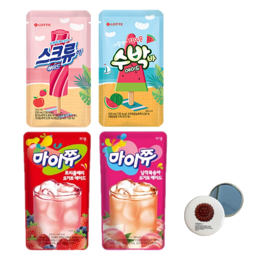 Korean Covenienve Store Drink Pouch Sampler Set - 5 PACK 10 PACK (grape, strawberry, blue lemonade, peach ice tea, shine muscat) + dalgaru yakgwa mirror (2024 SUMMER ADE 4 PACK)