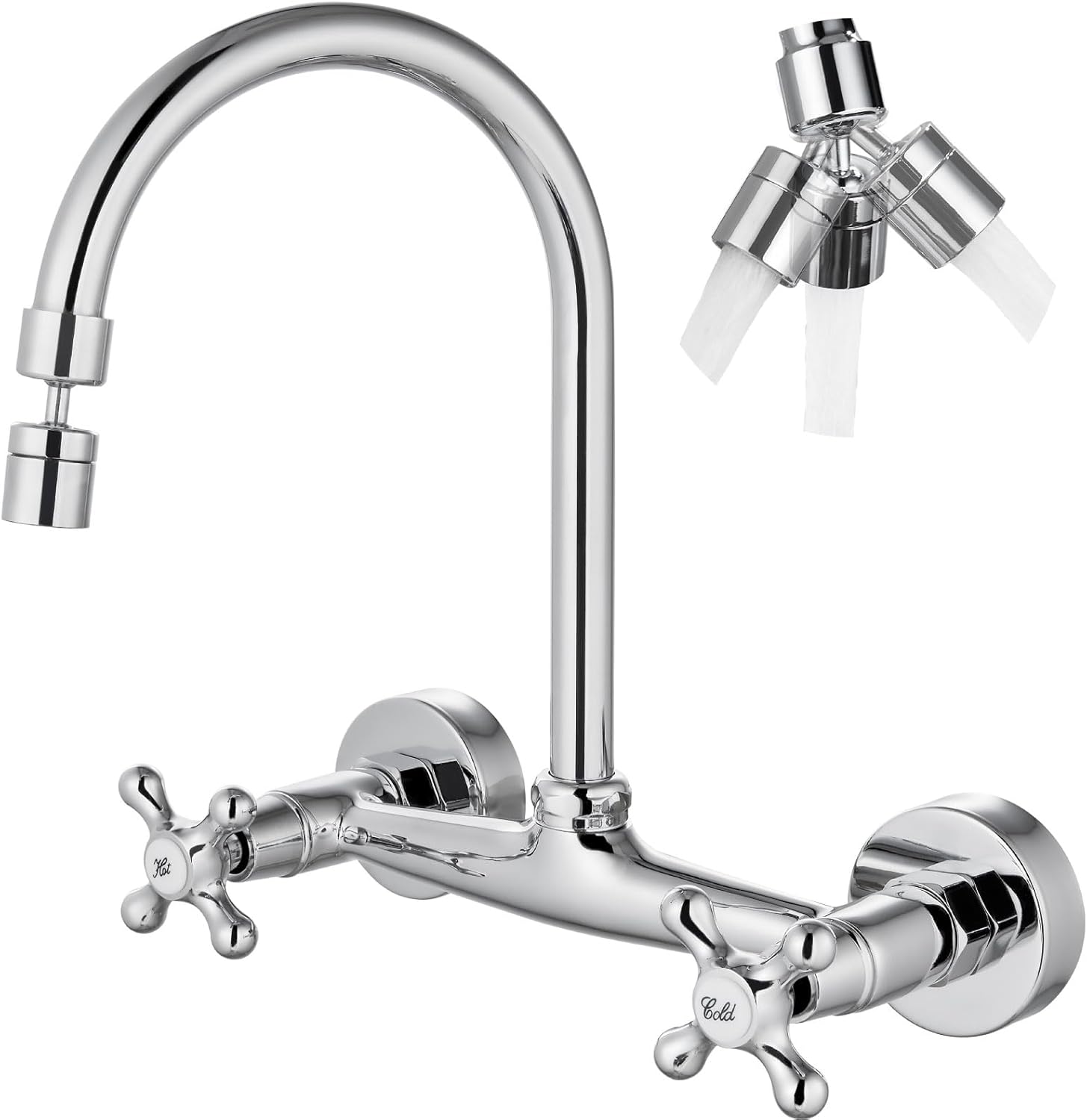 Airuida Wall Mount Kitchen Faucet with Sprayer Wall Mounted Kitchen Sink Faucet Double Cross Handles 360 Degree Swivel Spout Restaurant Mixer Tap Commercial 8 Inch Center Chrome Polish