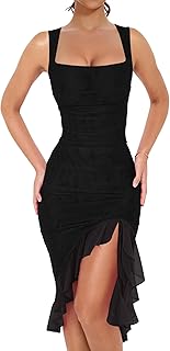 BORIFLORS Women's Sexy Ruched Bodycon Midi Dresses Square Neck Sleeveless Ruffle Hem Club Party Tank Dress
