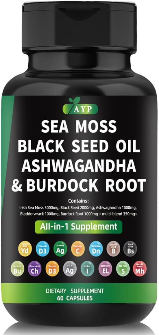 AYP Sea Moss Bladderwrack Black Seed Oil Ashwagandha Burdock Root Capsules Multi Blend Supplement + Multi Vitamin Turmeric Manuka Honey Elderberry Chlorophyll
