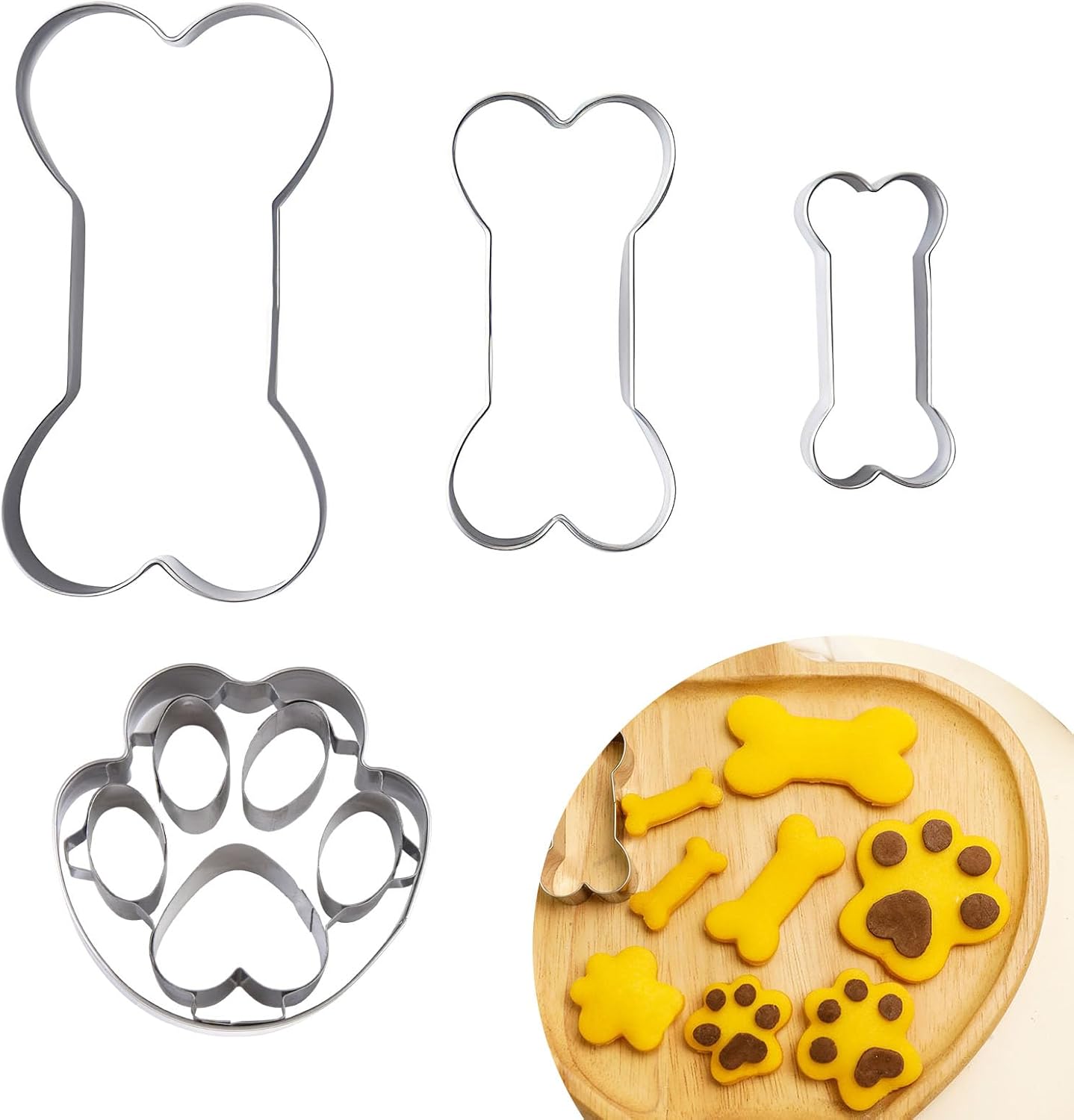 4Pcs Dog Cookie Cutter Set, Stainless Steel Dog Bone & Paw Print Biscuit Molds for Baking DIY Fondant, Dough, Pastry, Cake Decorating Tools