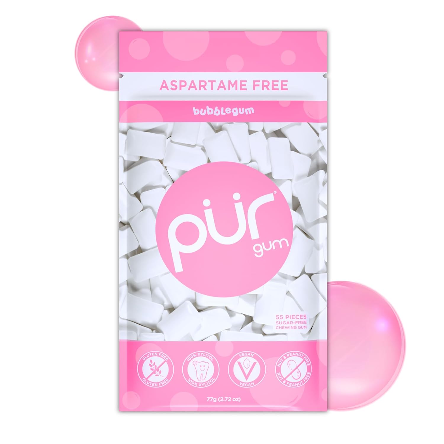 PUR Gum | Aspartame Free Chewing Gum | 100% Xylitol | Natural Bubblegum Flavored Gum, 55 Pieces (Pack of 1)