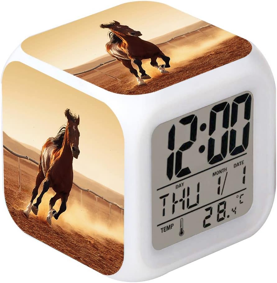 LED Alarm Clock Horse Creative Desk Table Glowing Electronic Colorful Digital Clock for Girl Boy Kids Children Toy Birthday Present Gift