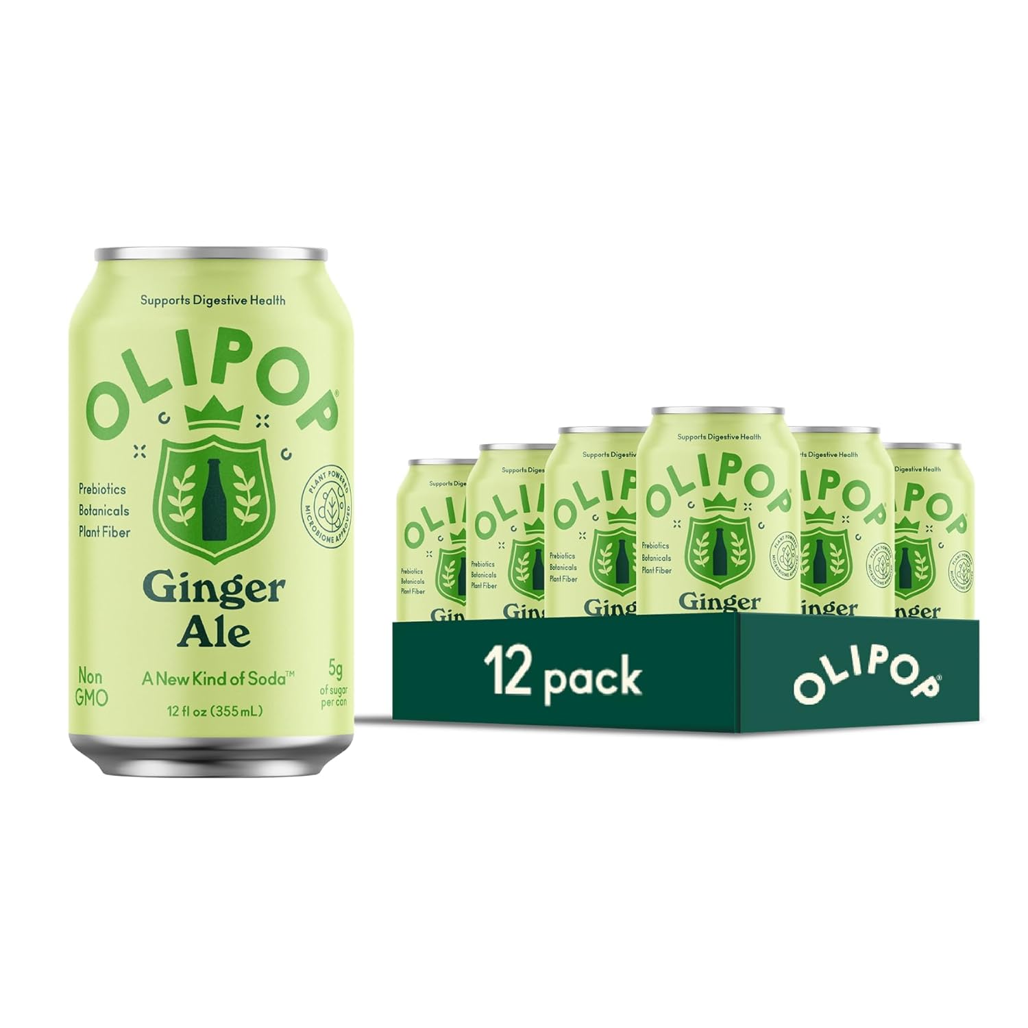 OLIPOP Prebiotic Soda Pop, Ginger Ale, Pantry Pack Packed with Prebiotics, Fiber, and Botanicals, Gluten Free, Vegan, GMO Free, 12oz (12-Cans)