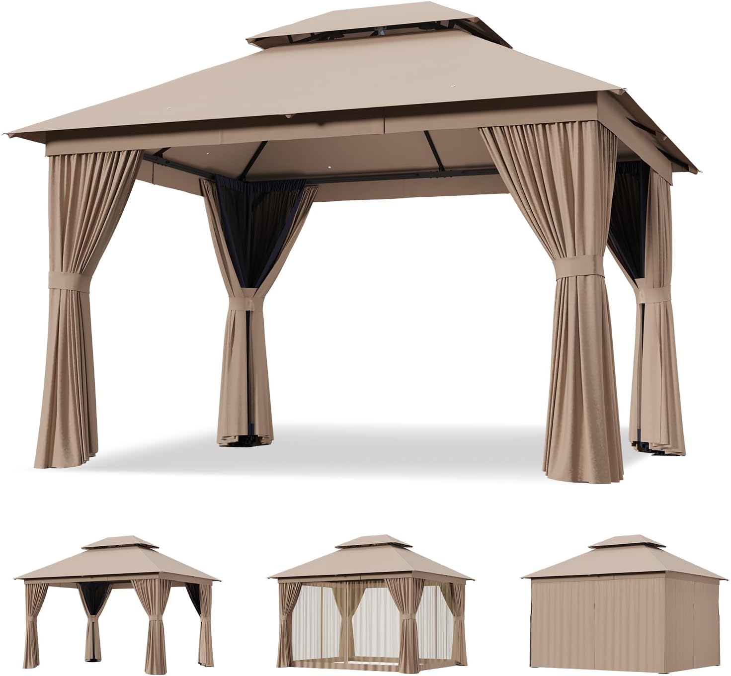 Aoxun 12'x10' Outdoor Gazebo with Curtain & Mosquito Netting, Beige