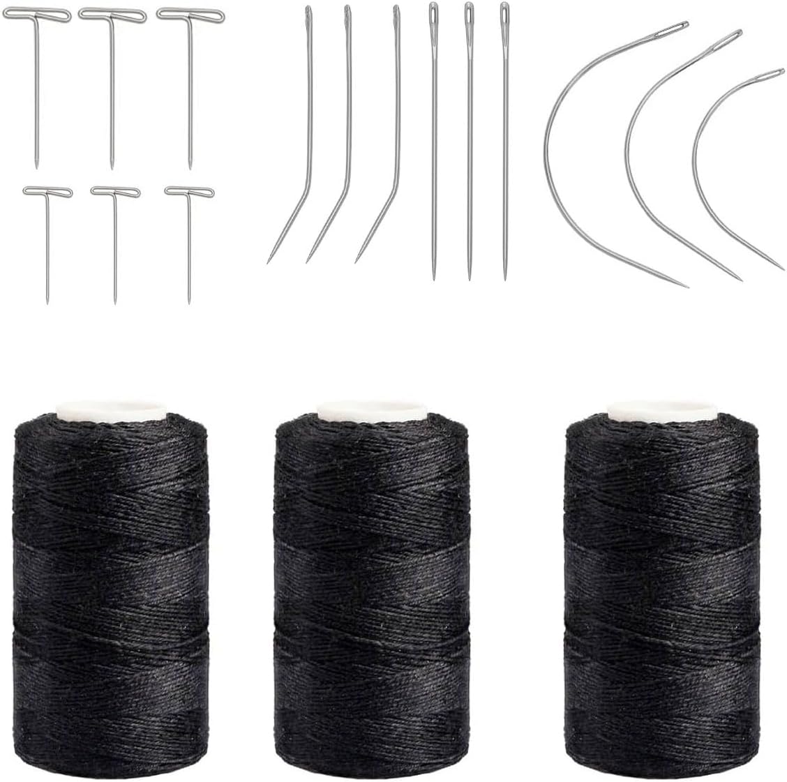 Kyzistn Needle and Thread for Hair Extensions 3 Rolls Hair Weave Sewing Threads with 21Pcs C J I Shape Curved Upholstery Needles for Hand Sewing, Hair Extensions (27Pcs)