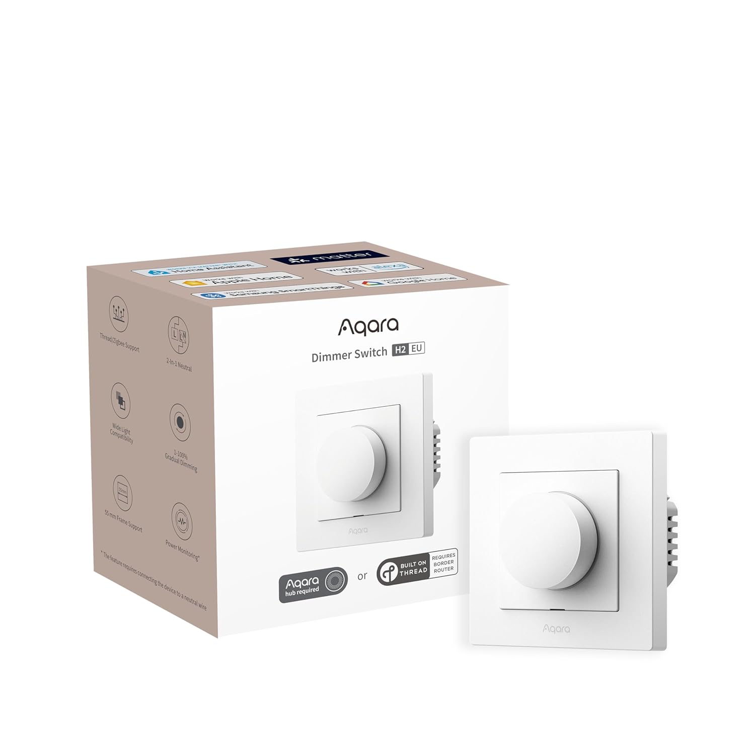 Aqara Dimmer Switch H2 EU – Thread/Zigbee Protocol, 2-in-1 Neutral, Single Switch, 200W, for dimmable LED/CFL/incandescent/Halogen/ELV Lights, Supports Apple Home, Alexa, Google and Matter, White