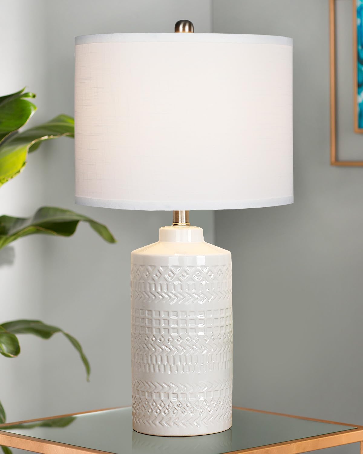 24.5" White Ceramic Table Lamp: 3-Way Dimmable Nightstand Lamp with White Linen Shade | Office Reading Lamp Bedside Lamp White Lamp for Bedrooms & Living Room (Bulb Included)